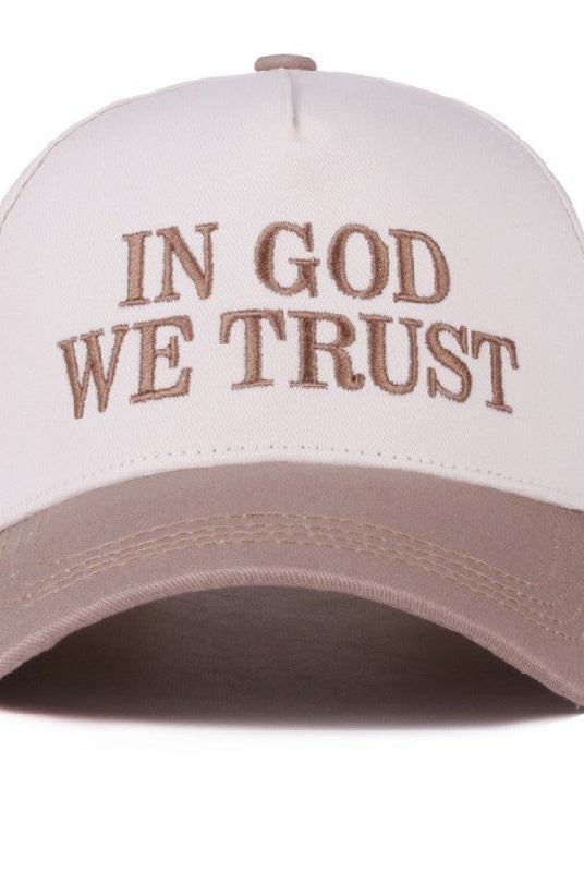 Cap with 'In God We Trust' text on a white background
