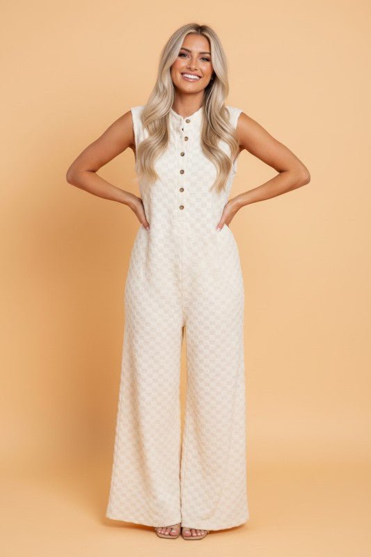 Checker Textured Sleeveless Wide Leg Jumpsuit - Golden Hour Boutique