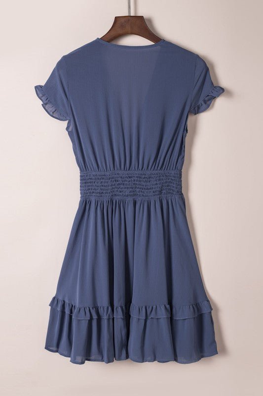 Deep V - Neck Knotted Front Layered Flare Mini Dress - Golden Hour Boutique