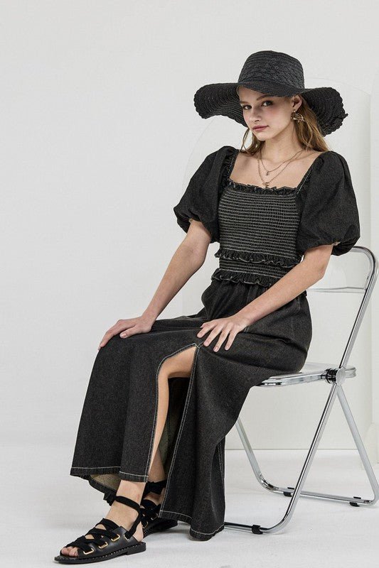 Denim Off Shoulder Puff Sleeves Smocked Dress - Golden Hour Boutique