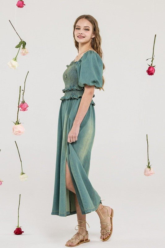 Denim Off Shoulder Puff Sleeves Smocked Dress - Golden Hour Boutique
