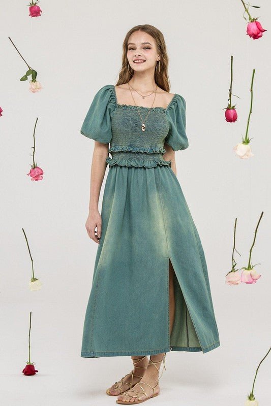 Denim Off Shoulder Puff Sleeves Smocked Dress - Golden Hour Boutique