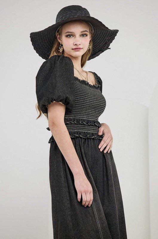 Denim Off Shoulder Puff Sleeves Smocked Dress - Golden Hour Boutique