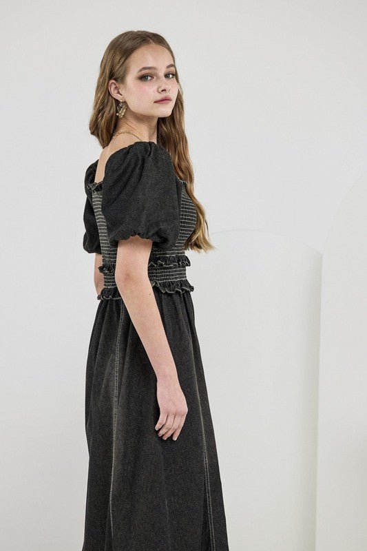 Denim Off Shoulder Puff Sleeves Smocked Dress - Golden Hour Boutique