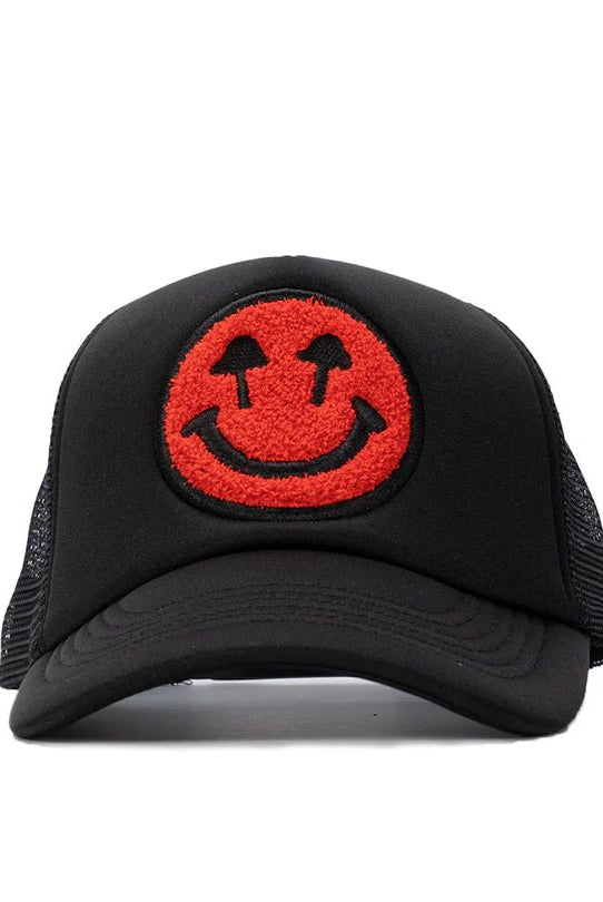 Double Blind Trucker with Red Smiley Face - Golden Hour BoutiqueTrucker Hat