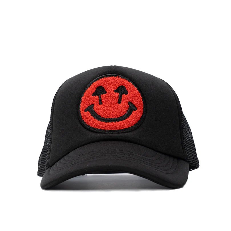 Double Blind Trucker with Red Smiley Face - Golden Hour BoutiqueTrucker Hat