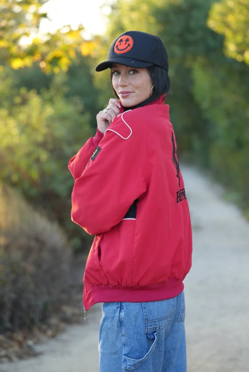 Double Blind Trucker with Red Smiley Face - Golden Hour BoutiqueTrucker Hat