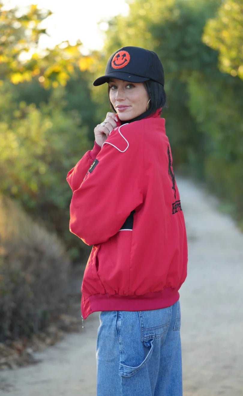 Double Blind Trucker with Red Smiley Face - Golden Hour BoutiqueTrucker Hat