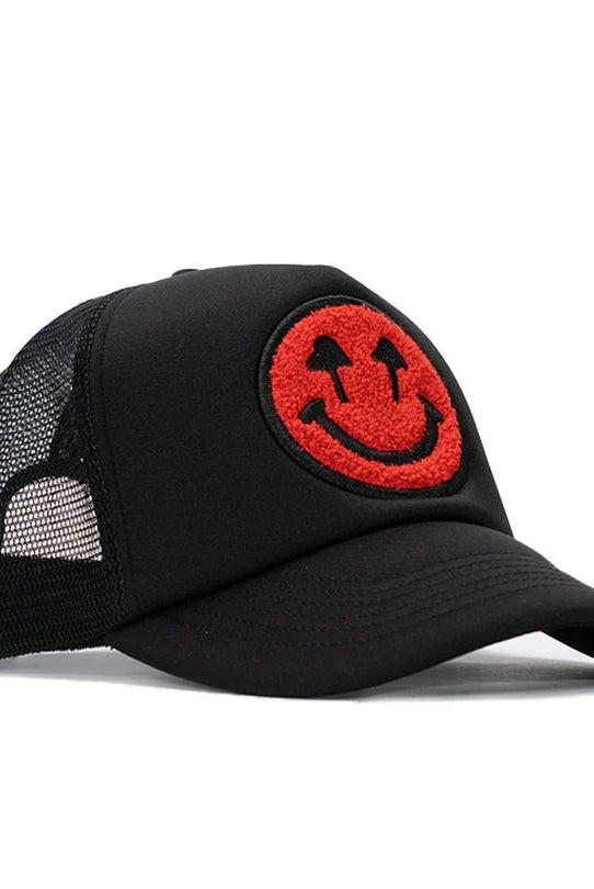 Double Blind Trucker with Red Smiley Face - Golden Hour BoutiqueTrucker Hat
