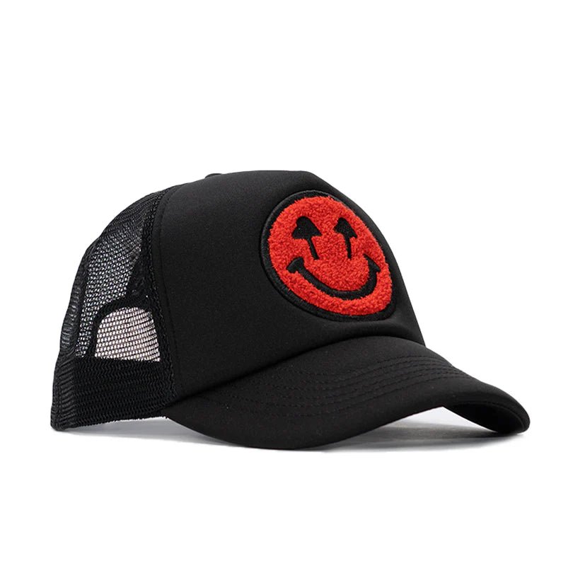 Double Blind Trucker with Red Smiley Face - Golden Hour BoutiqueTrucker Hat