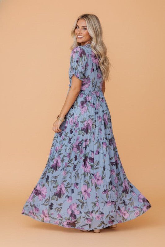 Floral Frilled V - Neck Short Sleeve Maxi Dress - Golden Hour Boutique