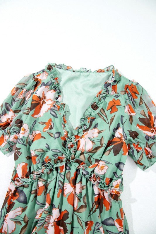 Floral Frilled V - Neck Short Sleeve Maxi Dress - Golden Hour Boutique