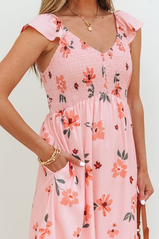 Floral V - Neck Smocked Ruffle Hem Maxi Dress - Golden Hour Boutique