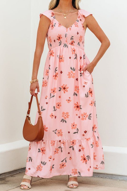 Floral V - Neck Smocked Ruffle Hem Maxi Dress - Golden Hour Boutique