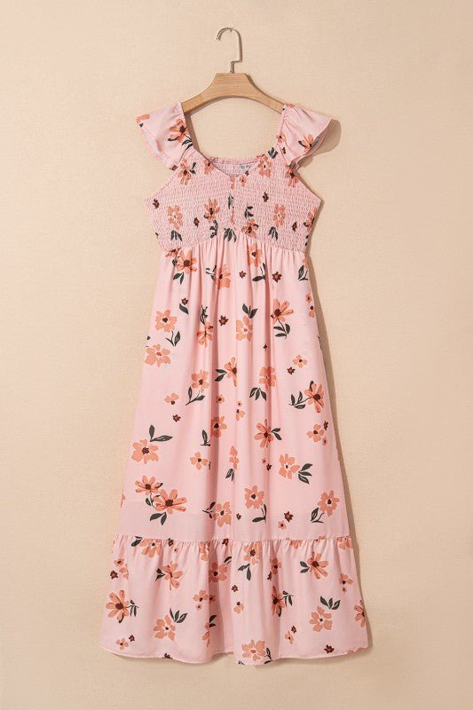 Floral V - Neck Smocked Ruffle Hem Maxi Dress - Golden Hour Boutique