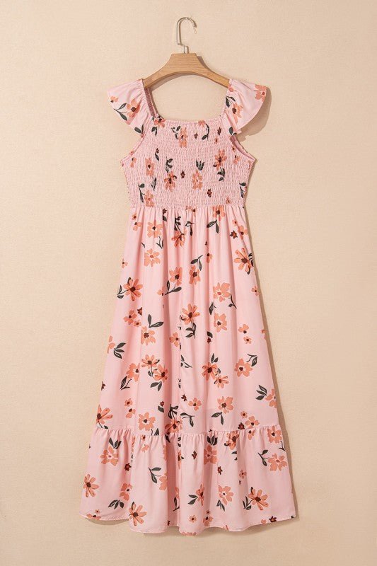 Floral V - Neck Smocked Ruffle Hem Maxi Dress - Golden Hour Boutique