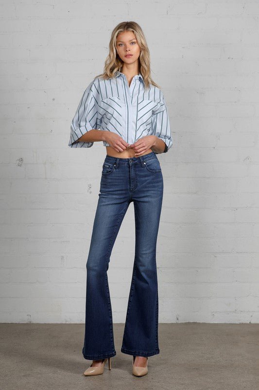 Get Rowdy Dark Denim Flare Jeans - Golden Hour BoutiqueJeans
