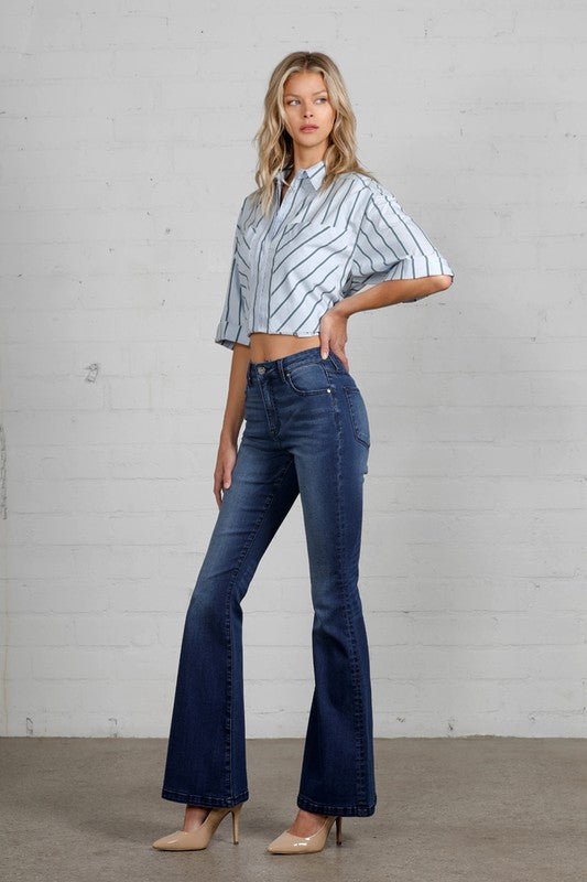 Get Rowdy Dark Denim Flare Jeans - Golden Hour BoutiqueJeans