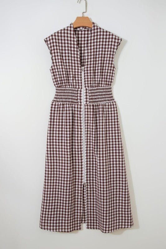 Gingham Plaid Zipped Cinched Waist Maxi Dress - Golden Hour Boutique