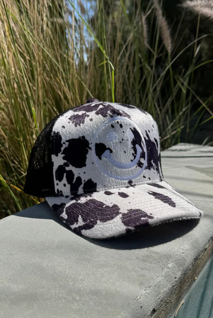 Pasture Cowhide Black + White Happy Caps Trucker - Golden Hour BoutiqueTrucker Hat