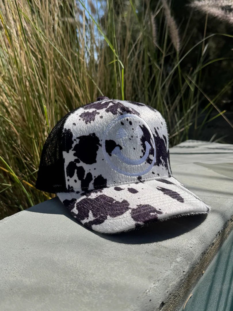 Pasture Cowhide Black + White Happy Caps Trucker - Golden Hour BoutiqueTrucker Hat