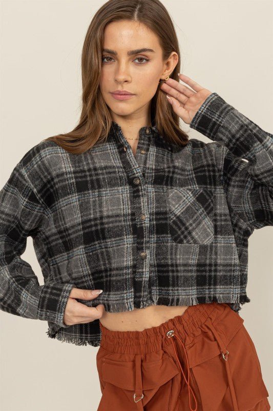Plaid Play Cropped Shacket - Golden Hour BoutiqueLong Sleeve Crop Tops