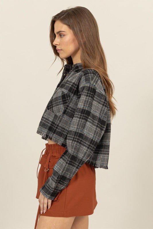 Plaid Play Cropped Shacket - Golden Hour BoutiqueLong Sleeve Crop Tops