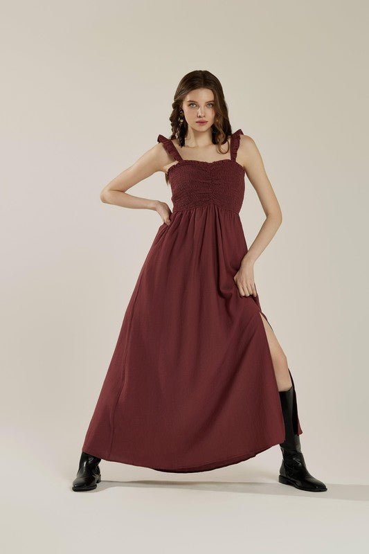 Ruffle straps Smocked top High Slit Dress - Golden Hour Boutique