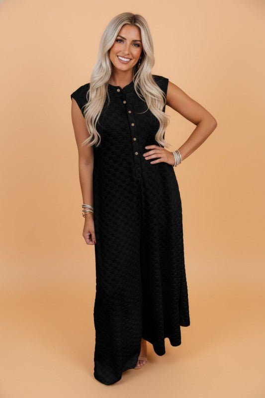 Checker Textured Sleeveless Wide Leg Jumpsuit - Golden Hour Boutique