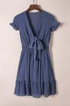 Deep V - Neck Knotted Front Layered Flare Mini Dress - Golden Hour Boutique