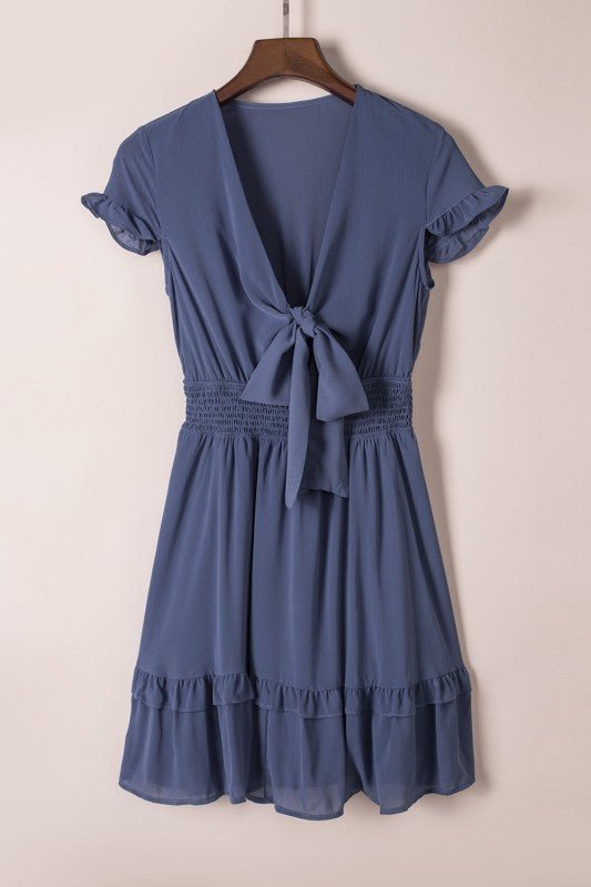 Deep V - Neck Knotted Front Layered Flare Mini Dress - Golden Hour Boutique