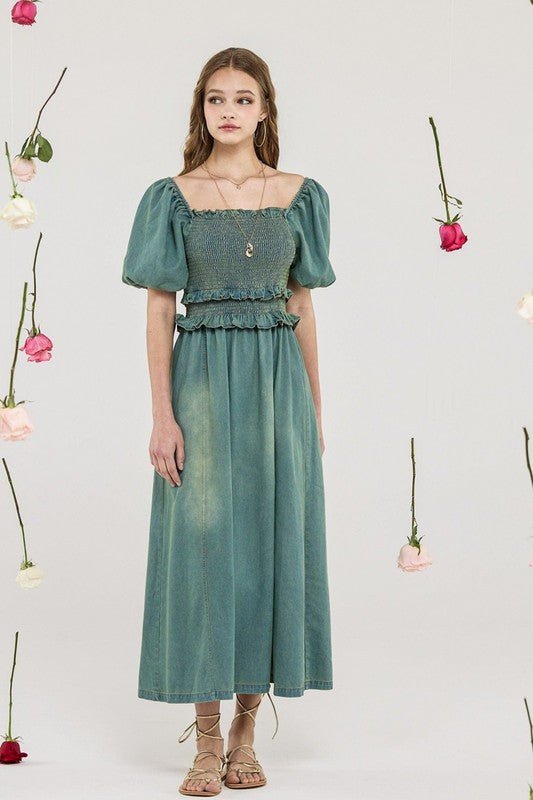 Denim Off Shoulder Puff Sleeves Smocked Dress - Golden Hour Boutique