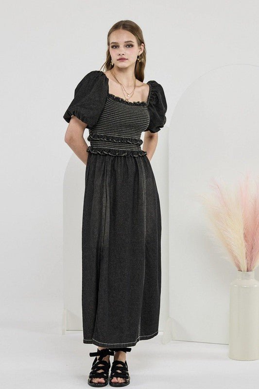 Denim Off Shoulder Puff Sleeves Smocked Dress - Golden Hour Boutique