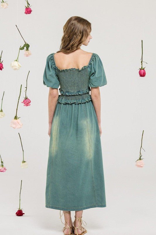 Denim Off Shoulder Puff Sleeves Smocked Dress - Golden Hour Boutique