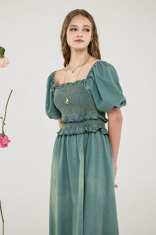 Denim Off Shoulder Puff Sleeves Smocked Dress - Golden Hour Boutique