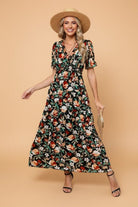 Floral Frilled V - Neck Short Sleeve Maxi Dress - Golden Hour Boutique