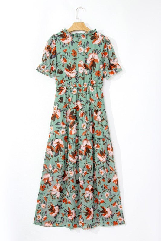 Floral Frilled V - Neck Short Sleeve Maxi Dress - Golden Hour Boutique