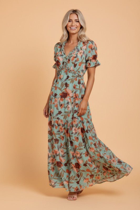 Floral Frilled V - Neck Short Sleeve Maxi Dress - Golden Hour Boutique