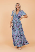 Floral Frilled V - Neck Short Sleeve Maxi Dress - Golden Hour Boutique