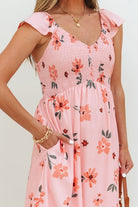 Floral V - Neck Smocked Ruffle Hem Maxi Dress - Golden Hour Boutique