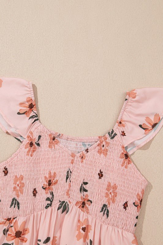 Floral V - Neck Smocked Ruffle Hem Maxi Dress - Golden Hour Boutique