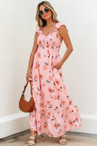 Floral V - Neck Smocked Ruffle Hem Maxi Dress - Golden Hour Boutique