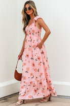 Floral V - Neck Smocked Ruffle Hem Maxi Dress - Golden Hour Boutique