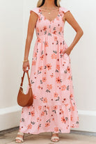 Floral V - Neck Smocked Ruffle Hem Maxi Dress - Golden Hour Boutique