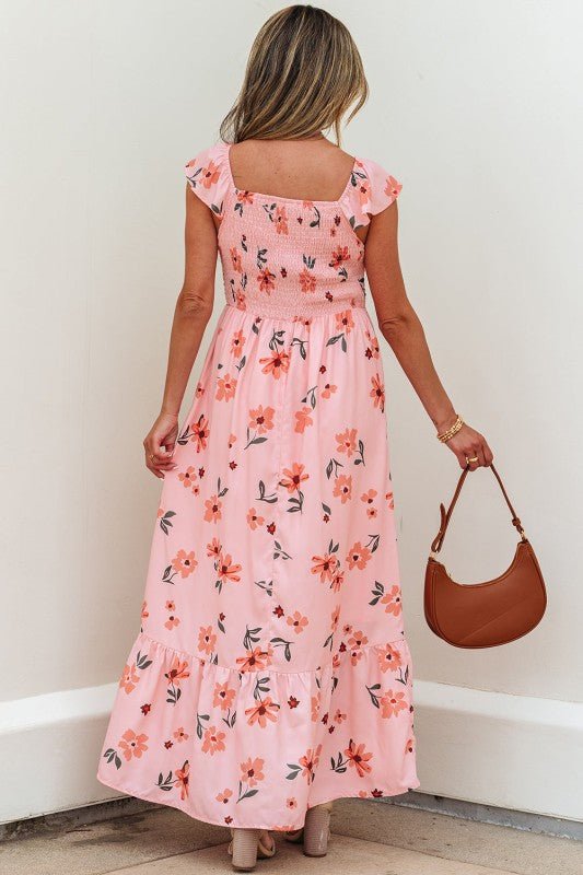 Floral V - Neck Smocked Ruffle Hem Maxi Dress - Golden Hour Boutique