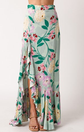 beautiful floral maxi skirt with ruffle retails and a high slit