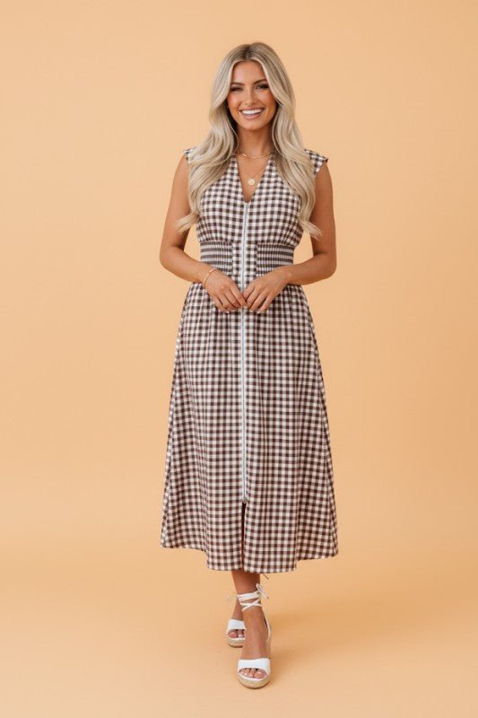 Gingham Plaid Zipped Cinched Waist Maxi Dress - Golden Hour Boutique