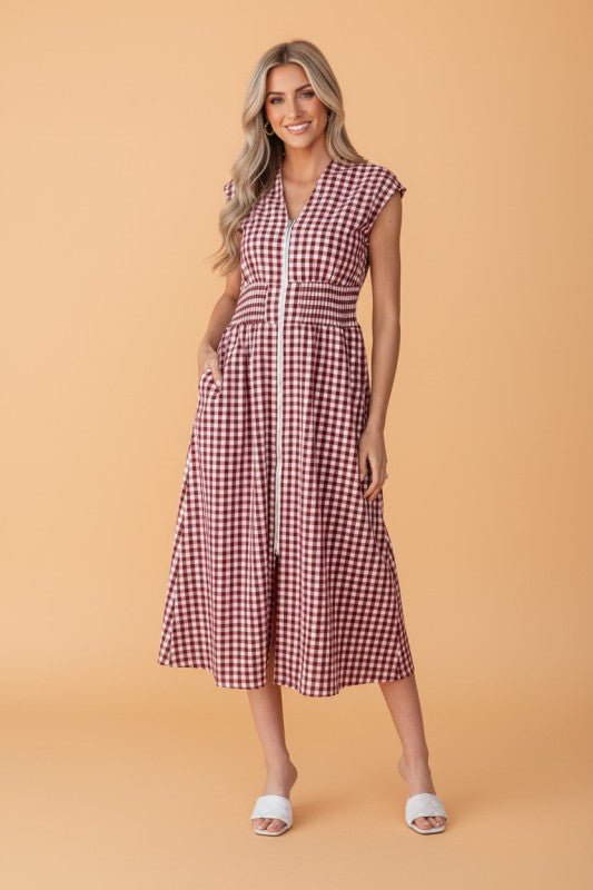 Gingham Plaid Zipped Cinched Waist Maxi Dress - Golden Hour Boutique