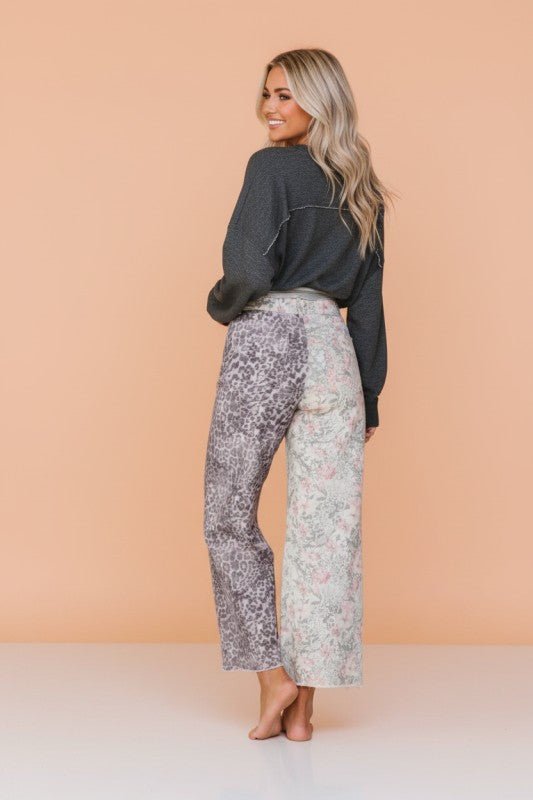 Leopard Floral Denim Patchwork Raw Hem Jeans - Golden Hour Boutique
