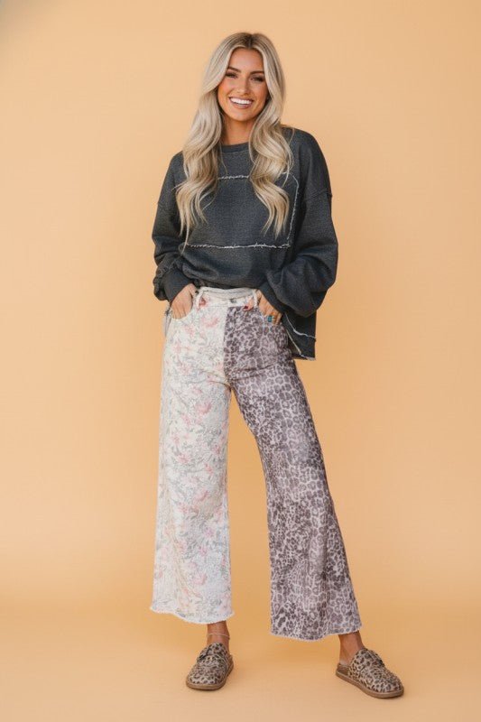 Leopard Floral Denim Patchwork Raw Hem Jeans - Golden Hour Boutique